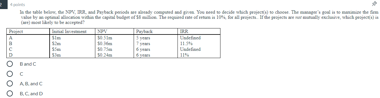 2 4 points In the table below, the NPV. IRR, and