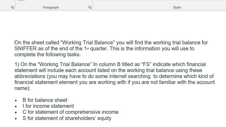 2 Paragraph k Styles On the sheet called Working Trial Balance"