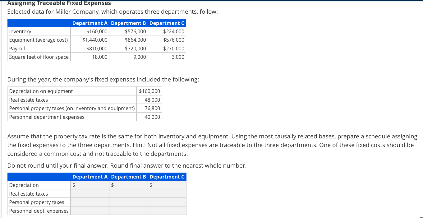  Assigning Traceable Fixed Expenses Selected data for Miller Company, which operates
