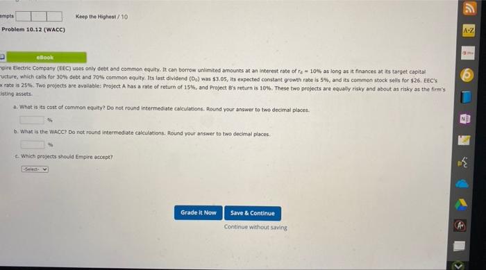  ampts Keep the Highest/10 Problem 10.12 (WACC) A-Z cool mpire Electric