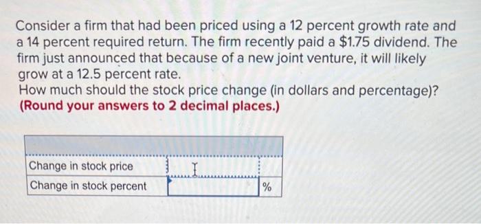  Consider a firm that had been priced using a 12 percent