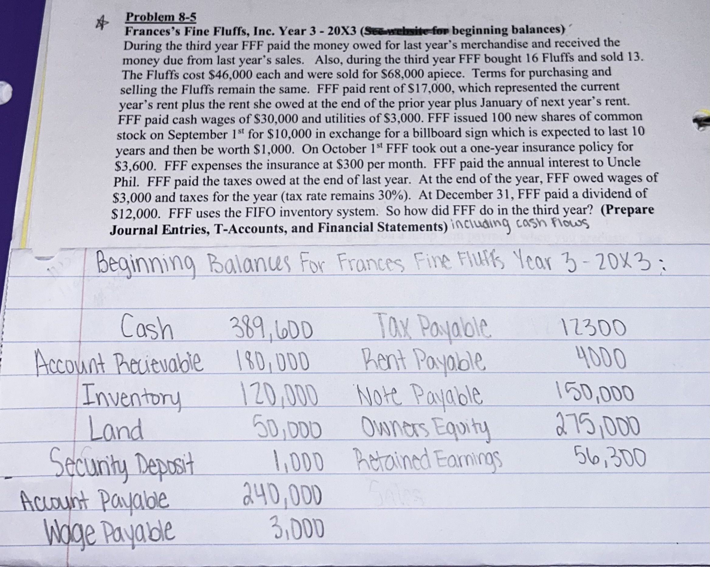  Problem 8-5 Frances's Fine Fluffs, Inc. Year 3 - 203 (Sebsitefor