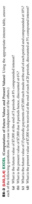  E6-3 (LO2,3,4) EXCEL (Computation of Future Values and Present Values) Using