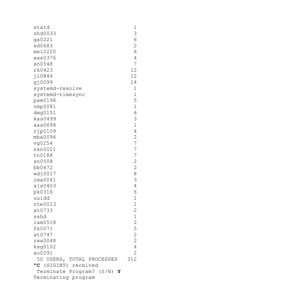 all processes and total them per user every 5 seconds and report