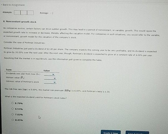 < Back to Assignment Attempts: Average: /2 8. Nonconstant growth stock As