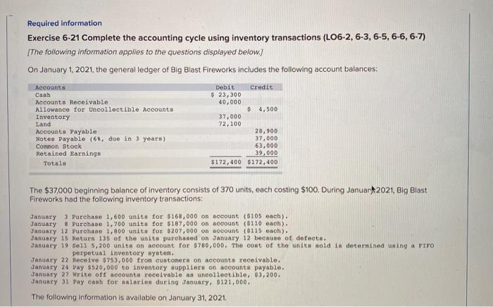  Required information Exercise 6-21 Complete the accounting cycle using inventory transactions