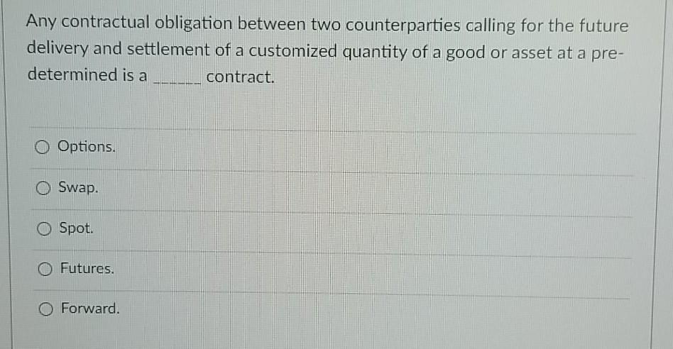 Any contractual obligation between two counterparties calling for the future delivery