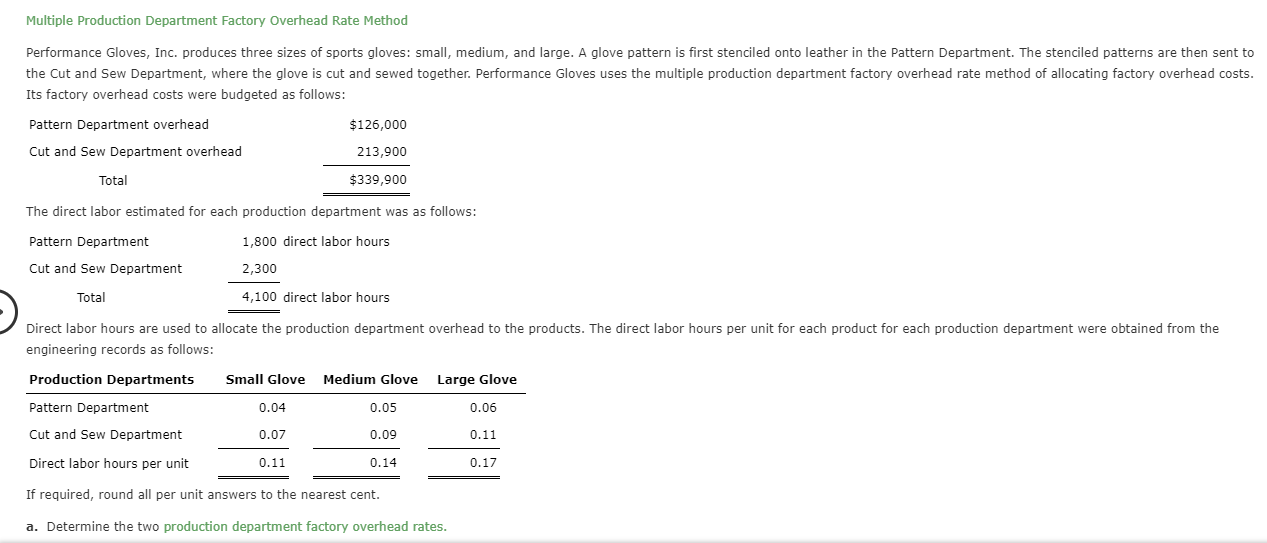  Multiple Production Department Factory Overhead Rate Method Performance Gloves, Inc. produces