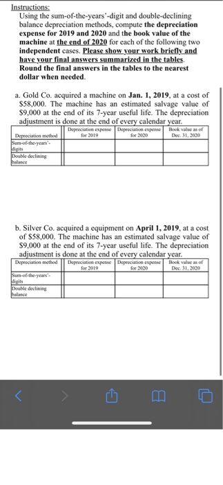  Instructions: Using the sum-of-the-years-digit and double-declining balance depreciation methods, compute the