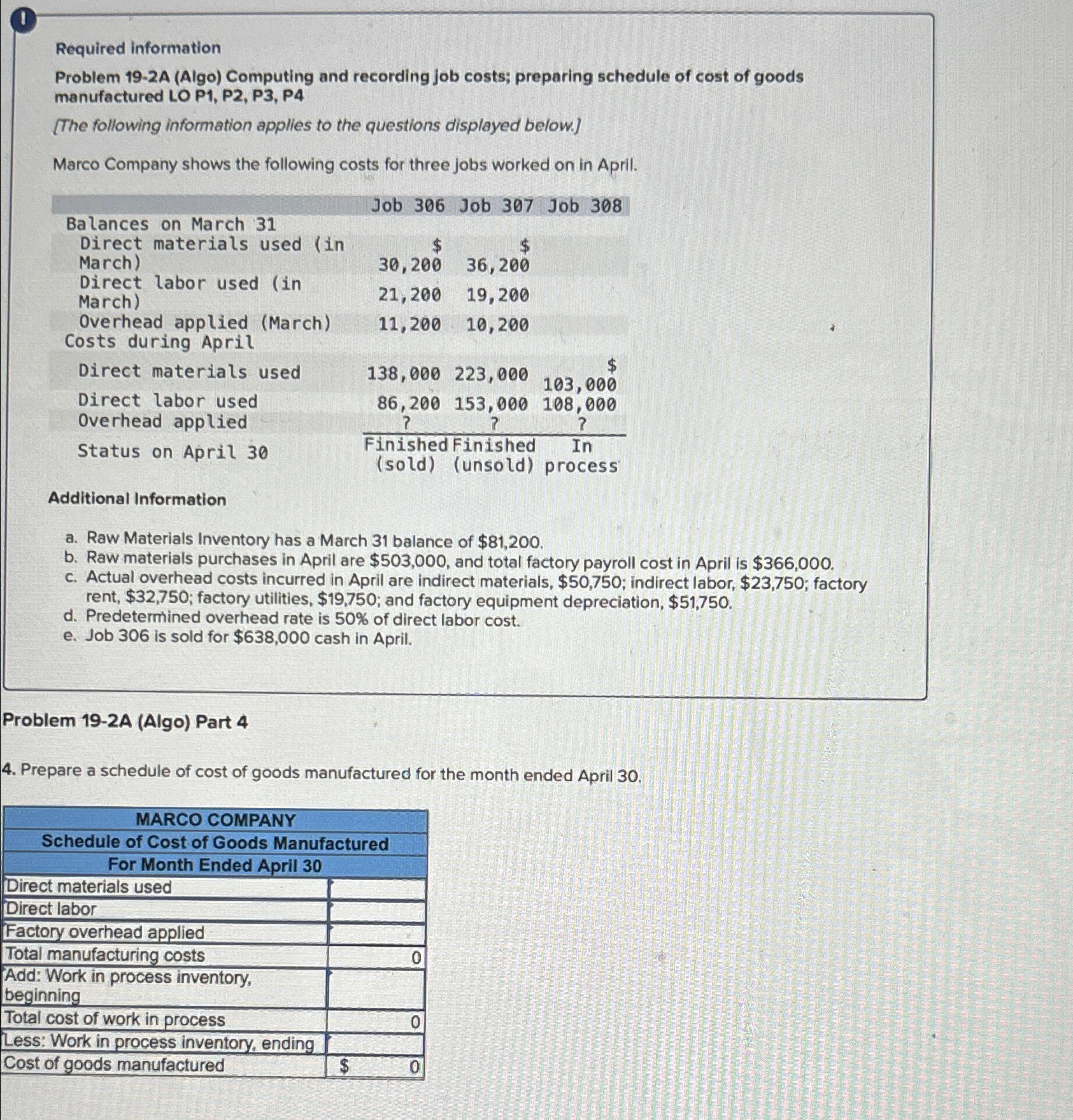  1 Required information Problem 19-2A (Algo) Computing and recording job costs;