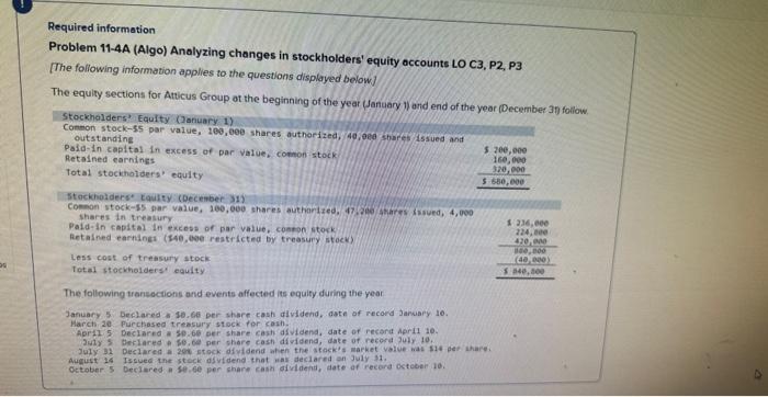  Required information Problem 11-4A (Algo) Analyzing changes in stockholders' equity accounts
