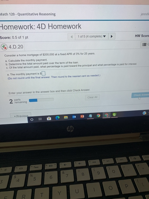 answe a through c Math 120 - Quantitative Reasoning jennife Homework: 4D