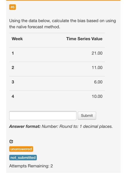 4th week. Use the 2 period moving average to create the forecast.