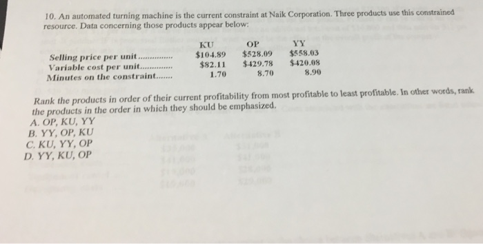 10 please help!! An automated turning machine is the current constraint at