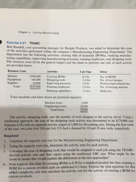  Chapter + Activity-Based Costing Exercise 4.21 TDABC Bob Randall, cost accounting