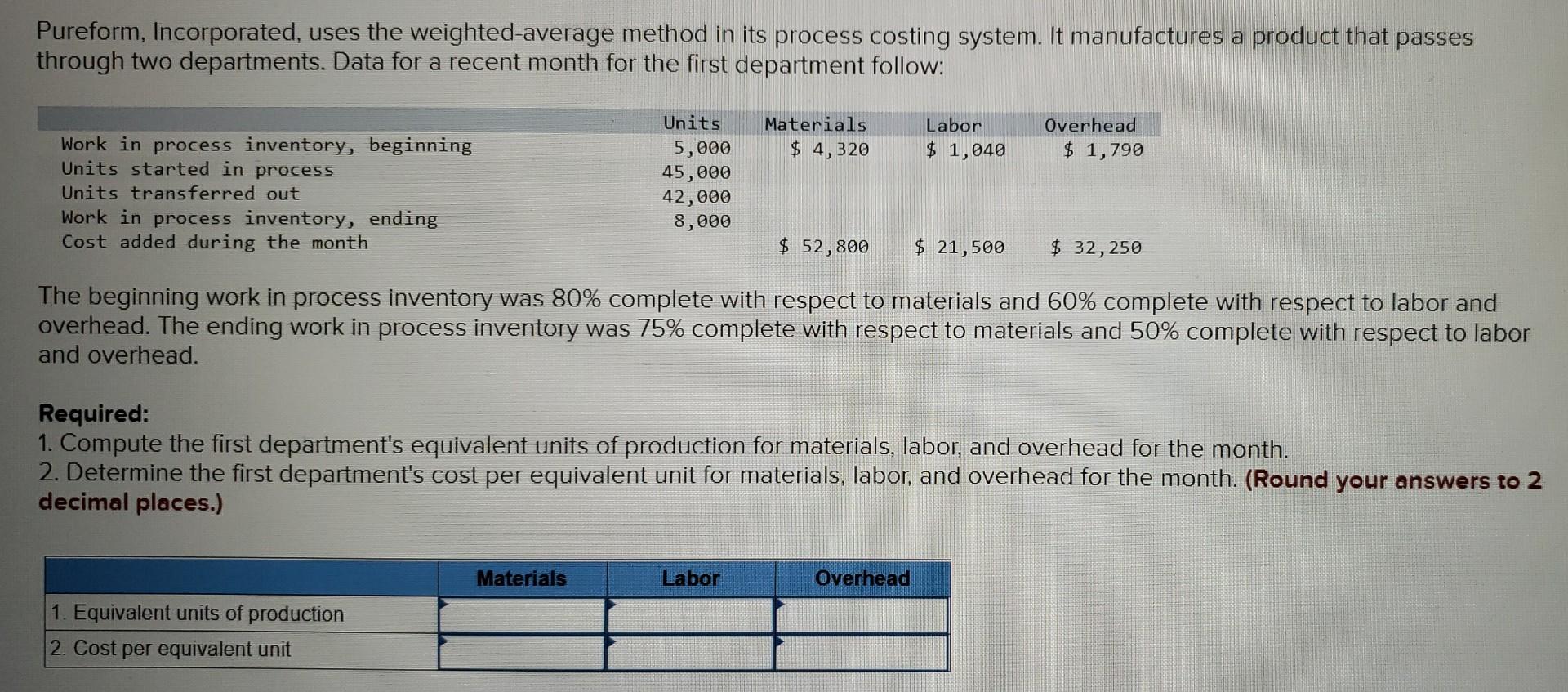 Pureform, Incorporated, uses the weighted-average method in its process costing system.