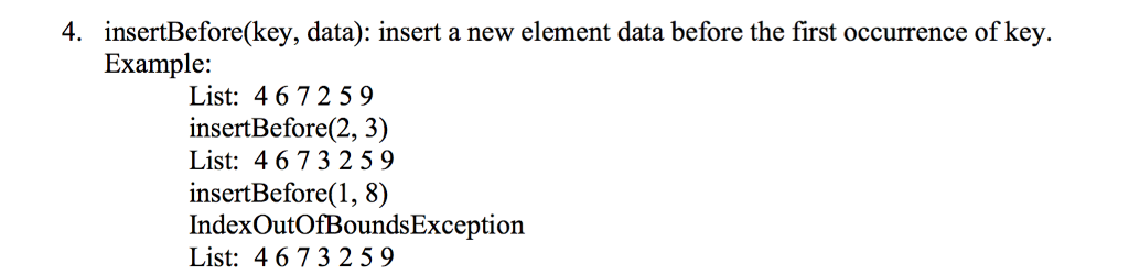 write a method in java that goes inside: public void insertBefore(T key,