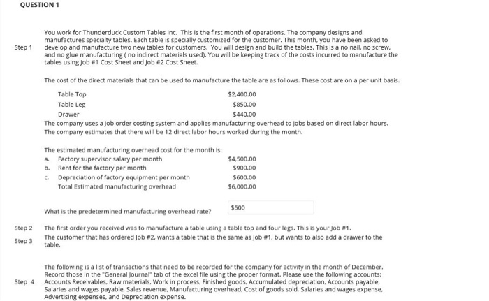  QUESTION 1 Step 1 You work for Thunderduck Custom Tables Inc.