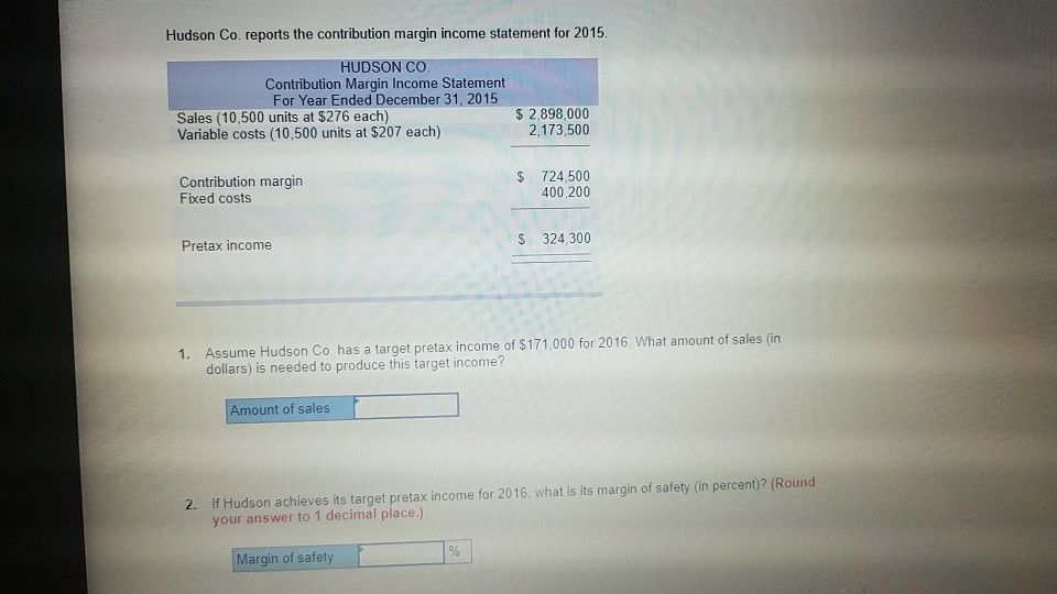  Hudson Co. reports the contribution margin income statement for 2015. Assume