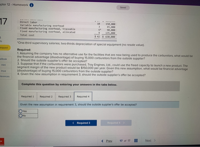 supplier has offered to sell one type of carburetor to Troy Engines,