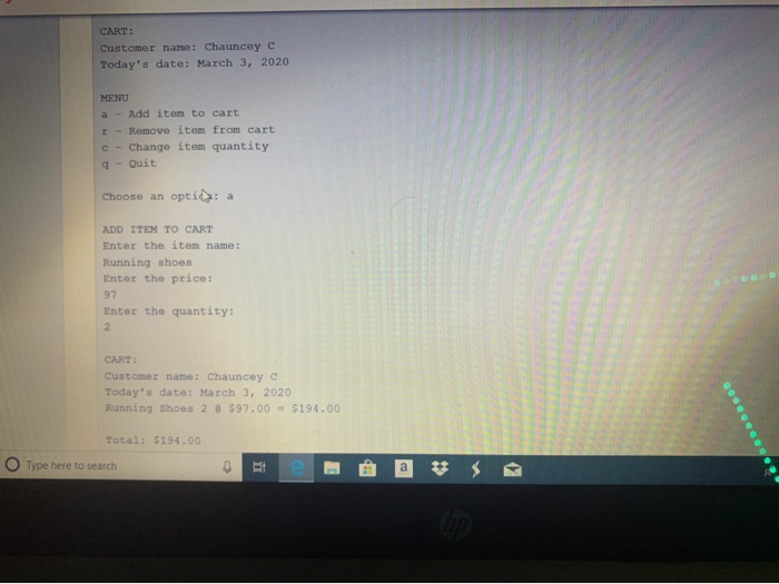 with the following specifications: Attributes (2 pts) .item_name (string) . item price