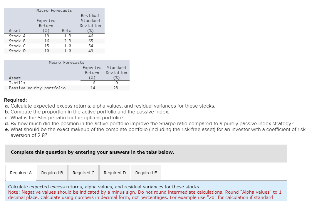  Required: a. Calculate expected excess returns, alpha values, and residual variances