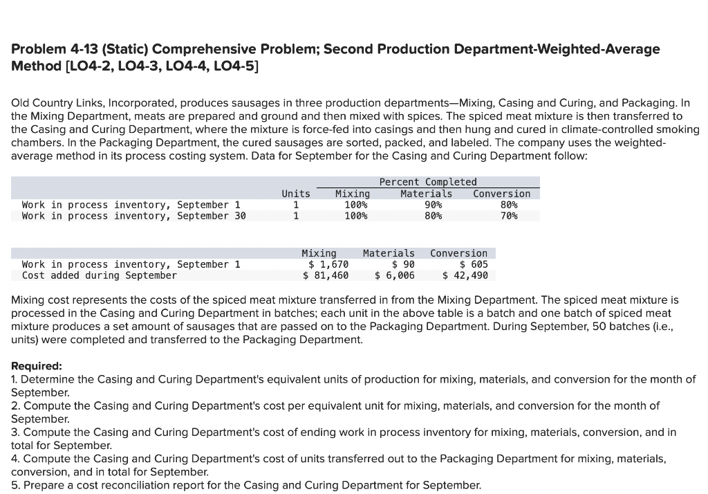  Problem 4-13 (Static) Comprehensive Problem; Second Production Department-Weighted-Average Method (L04-2, LO4-3,
