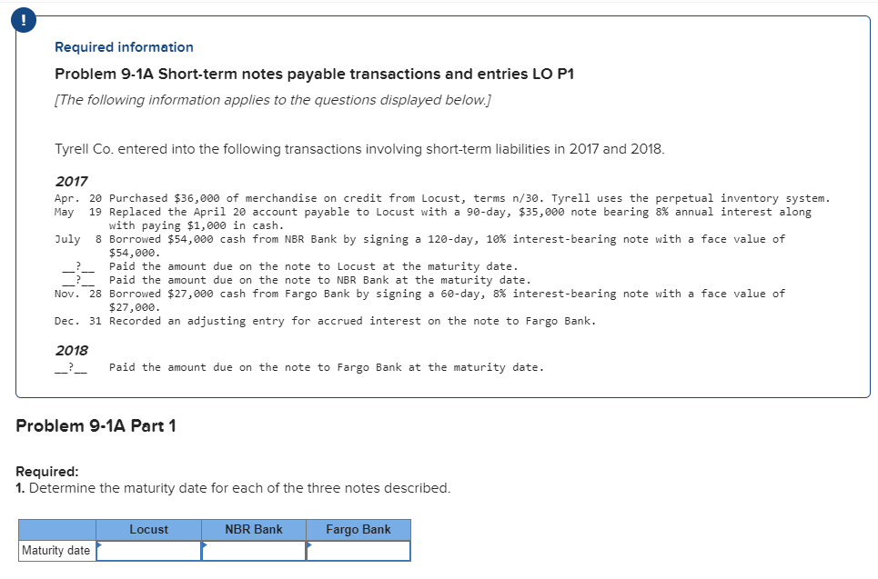  Required information Problem 9-1A Short-term notes payable transactions and entries LO