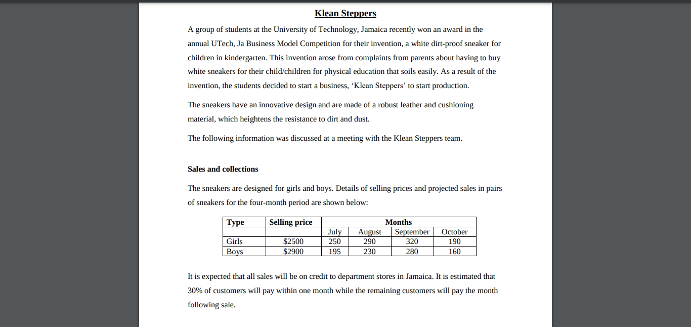 PREPARE THE SALES BUDGET, BASED ON THE INFORMATION PROVIDED Klean Steppers A