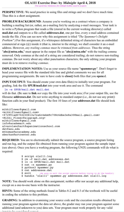  Please use python program OLA111 Exercise Due: by Midnight April 4,