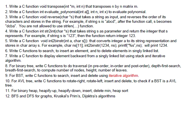  1. Write a C function void transpose(int *m, int n) that