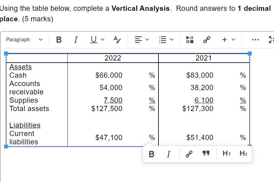 Jsing the table below, complete a Vertical Analysis. Round answers to