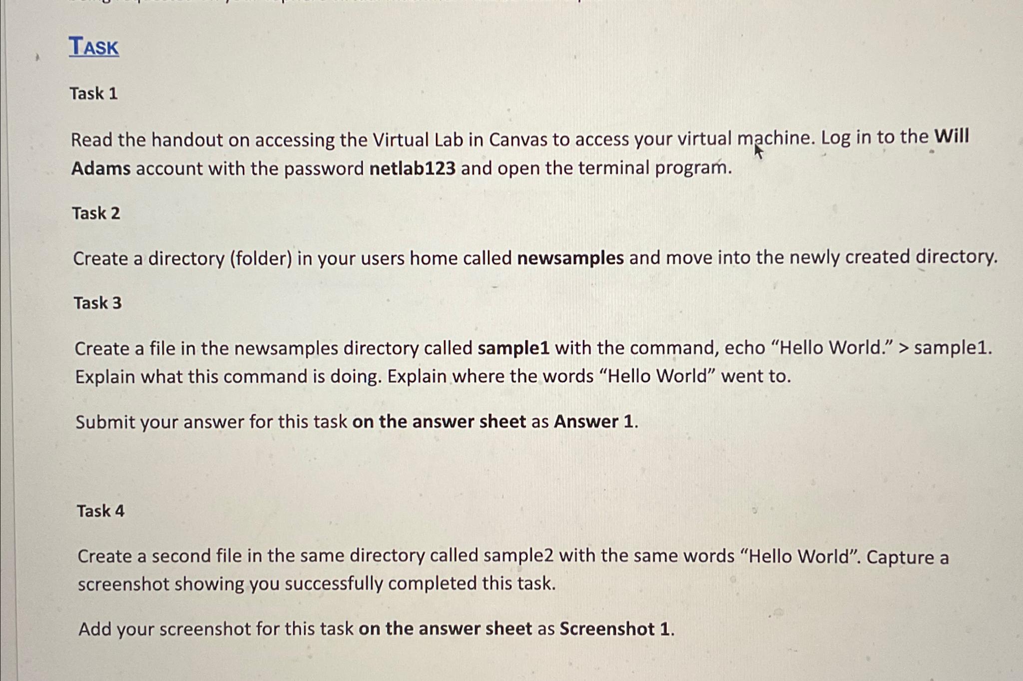  TASK Task 1 Read the handout on accessing the Virtual Lab