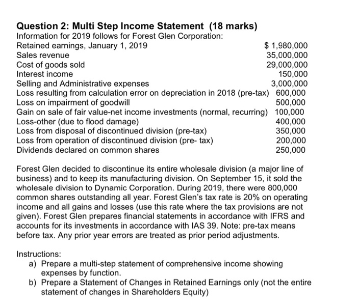  Question 2: Multi Step Income Statement (18 marks) Information for 2019