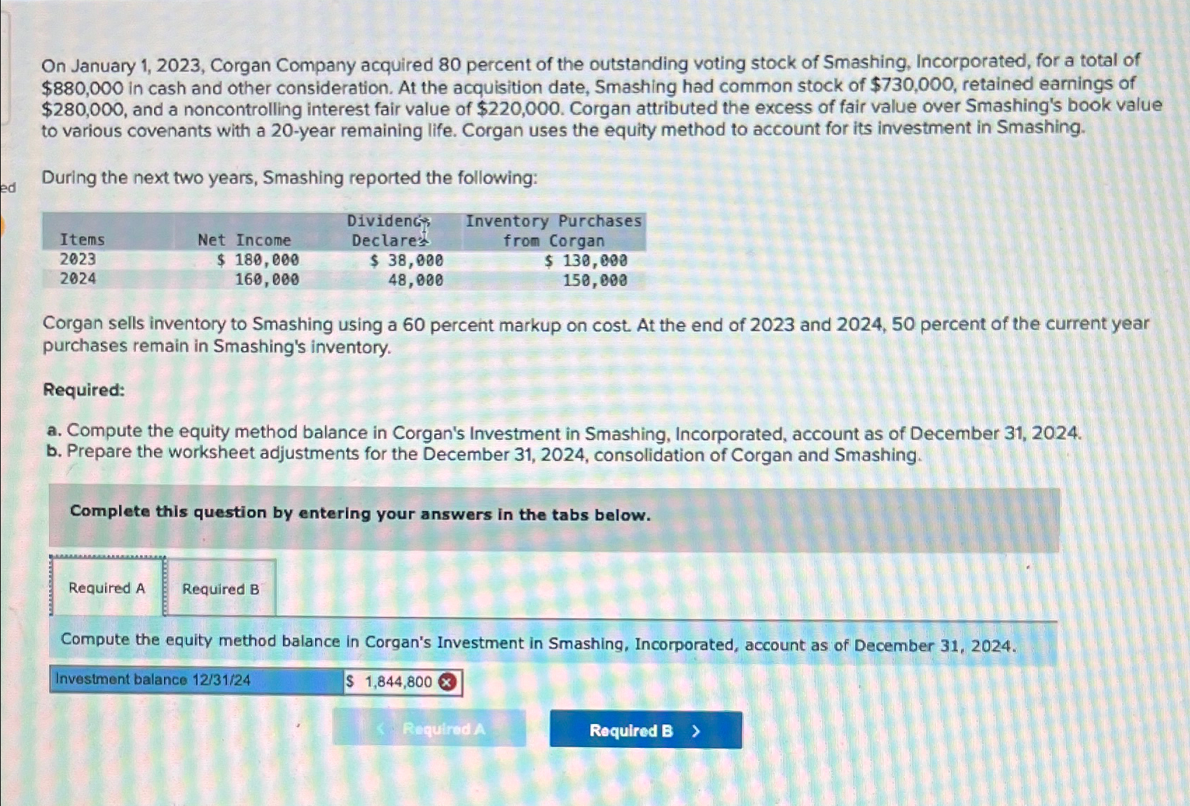  On January 1,2023, Corgan Company acquired 80 percent of the outstanding
