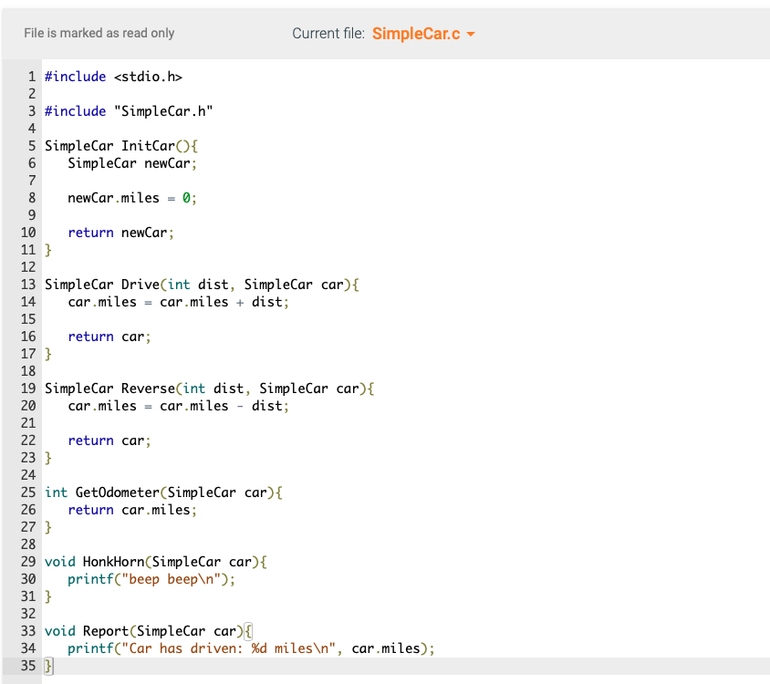 reverse as user inputs, create a SimpleCar variable that performs the following