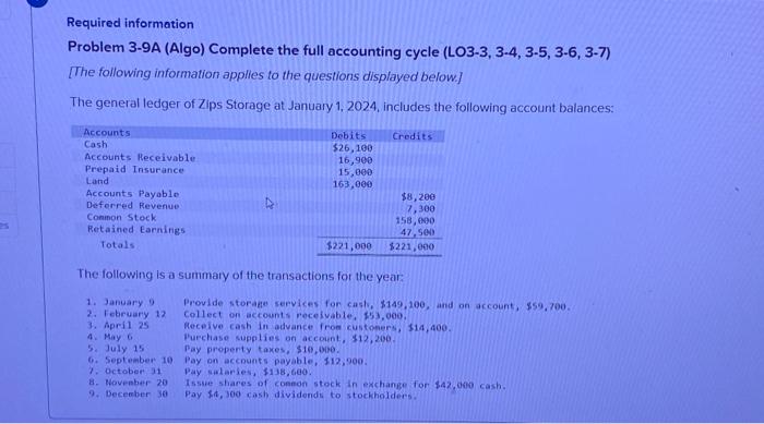  Required information Problem 3-9A (Algo) Complete the full accounting cycle (LO3-3,