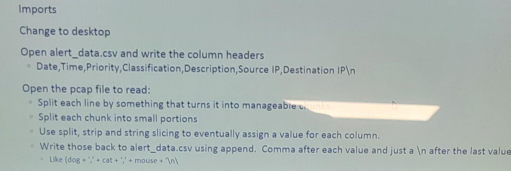 strip on each line that you read from the .pcap file to