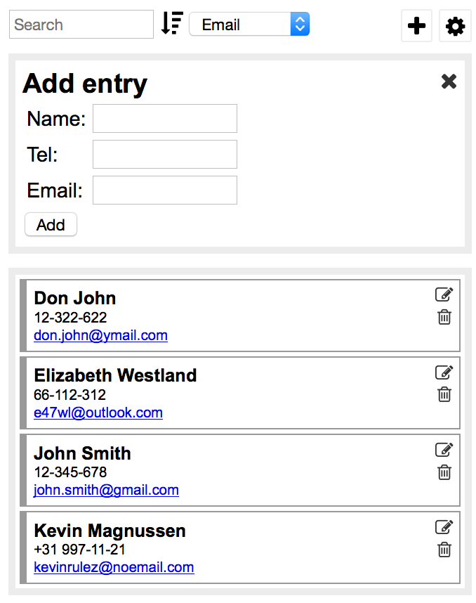 Create an address book application using JavaScript (plus HTML and CSS). (Use