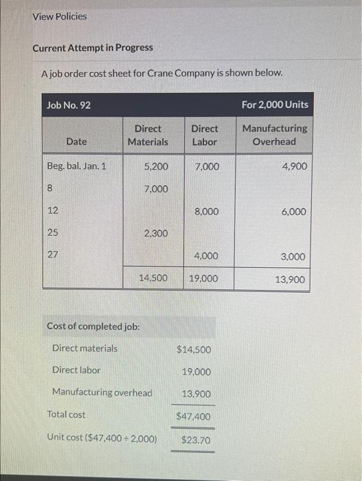  Current Attempt in Progress A job order cost sheet for Crane