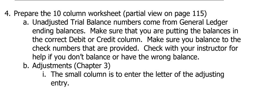  Prepare the 10 column worksheet (partial view on page 115 )