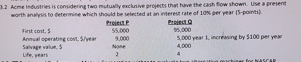  3.2 Acme Industries is considering two mutually exclusive projects that have