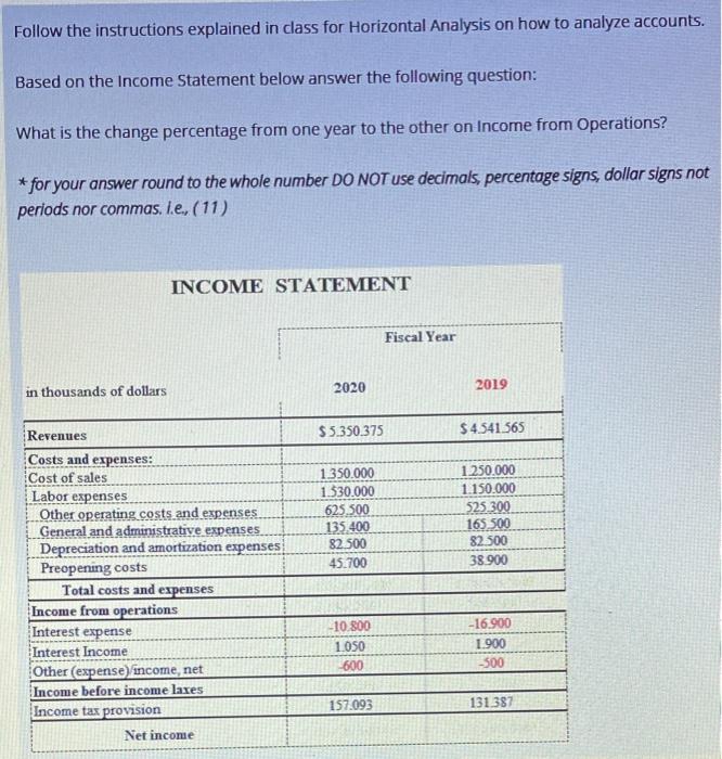  Follow the instructions explained in class for Horizontal Analysis on how