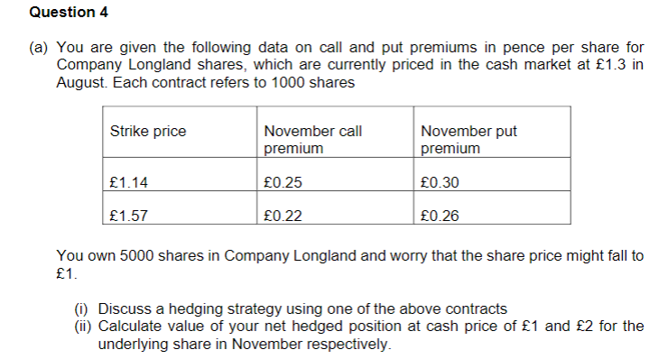 Question 4 (a) You are given the following data on call