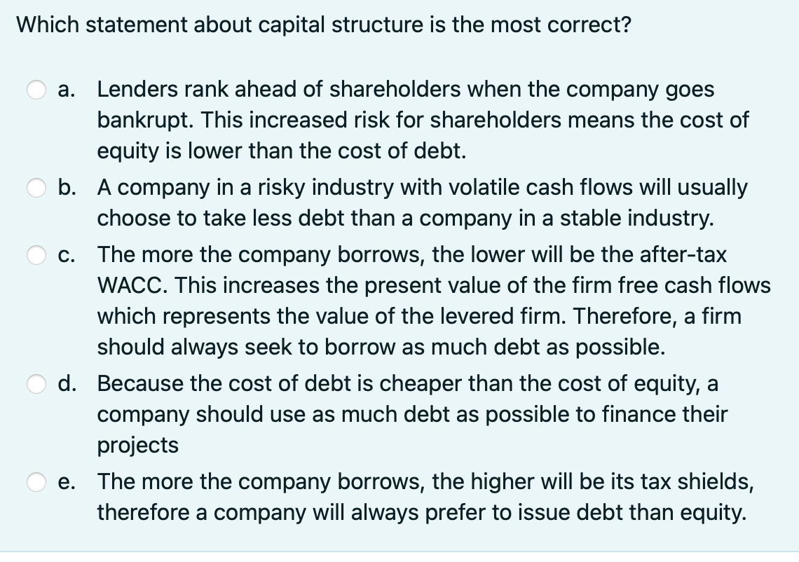 Which statement about capital structure is the most correct? a. Lenders