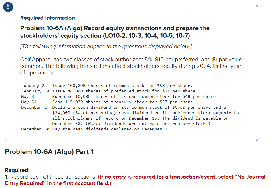  Required information Problem 10-6A (Algo) Record equity transactions and prepare the