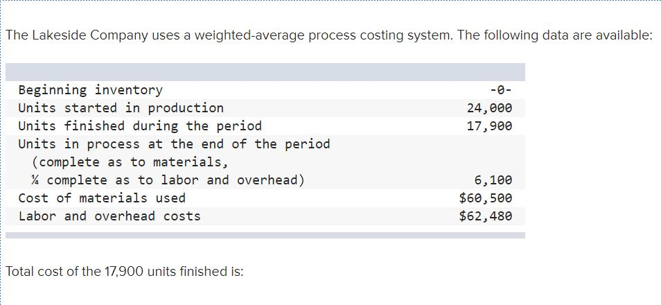  The Lakeside Company uses a weighted average process costing system. The