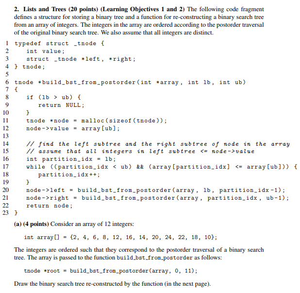 2. Lists and Trees (20 points) (Learning Objectives 1 and 2)