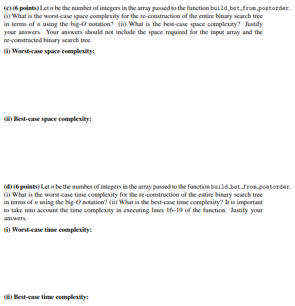 and a function for re-constructing a binary search tree from an array