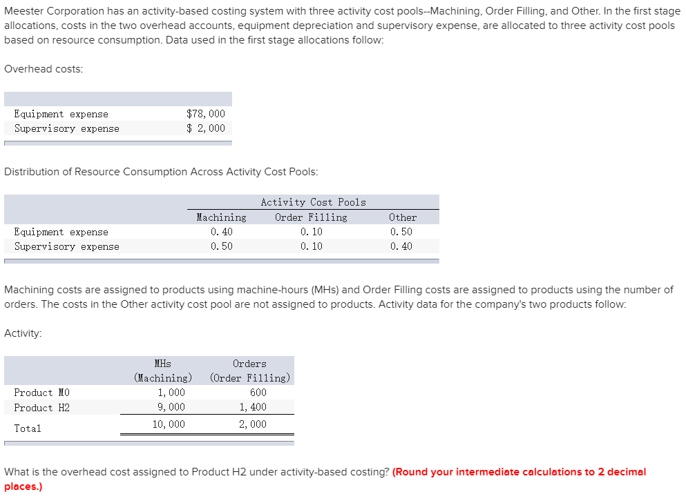 Meester Corporation has an activity-based costing system with three activity cost